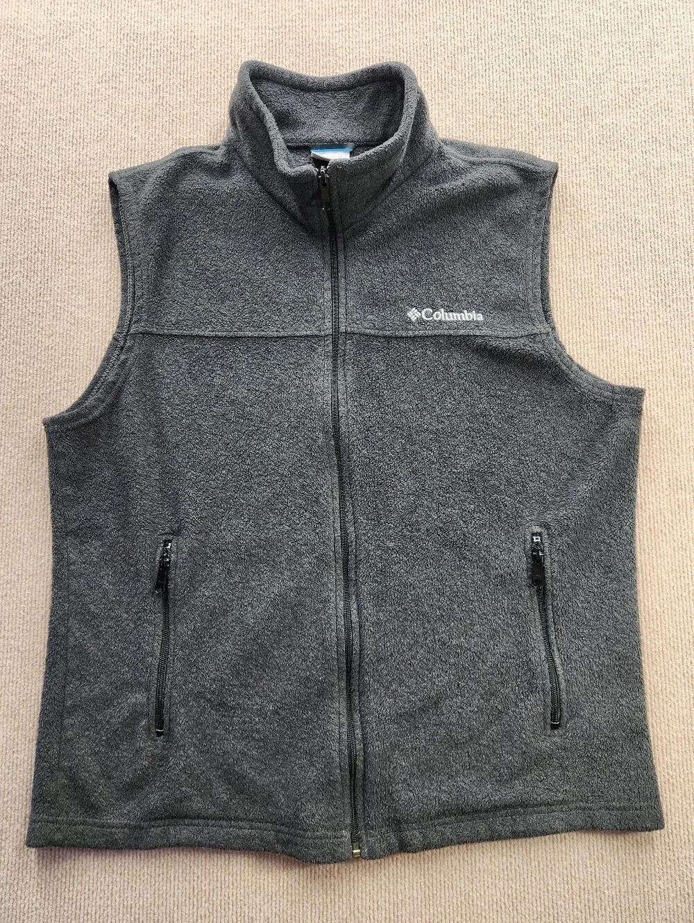 Columbia Fleece Vest Men’s L Gray Full Zip Stand-Up Collar Zipped Pockets - Picture 2 of 8